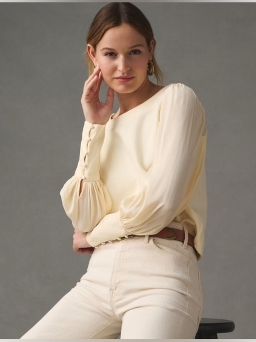 Anthropologie - Cream Bishop Long Sleeve Lightweight Button Cuffs Blouse Medium